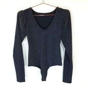 PAIGE XS Samina Black Metallic V-Neck Bodysuit